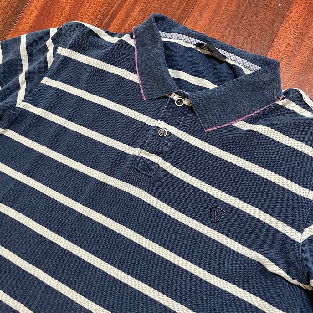 VAKKO Polo Shirt Mens Extra Large XL Blue White Purple Striped 100% Cotton READ